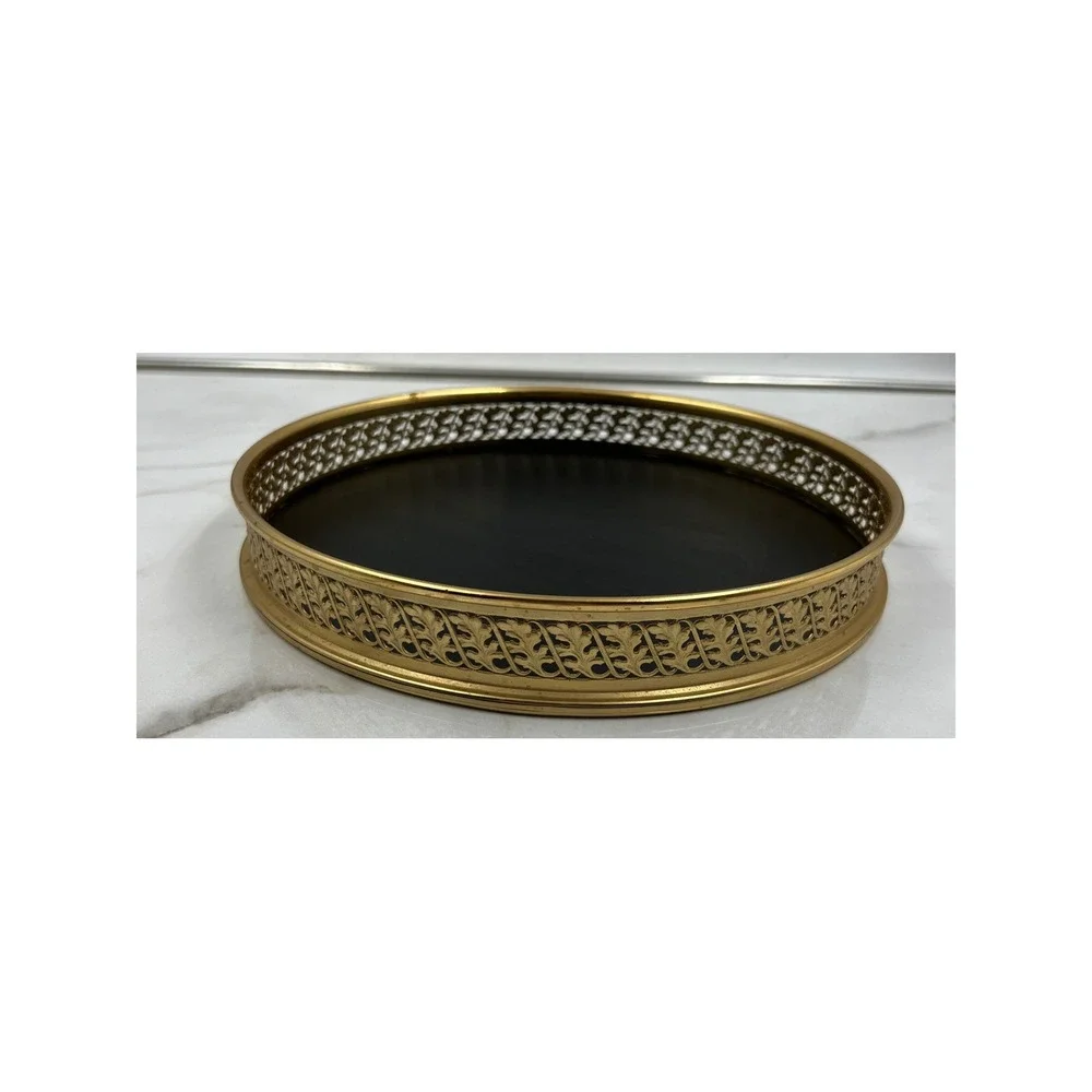 Vintage Gold Ornate Filigree Round Vanity Tray Black Base Hollywood Regency 10in